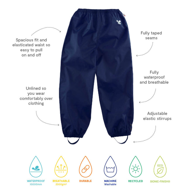 Originals Waterproof Trousers Navy with a spacious fit, elasticated waist, fully taped seams and adjustable elastic stirrups.